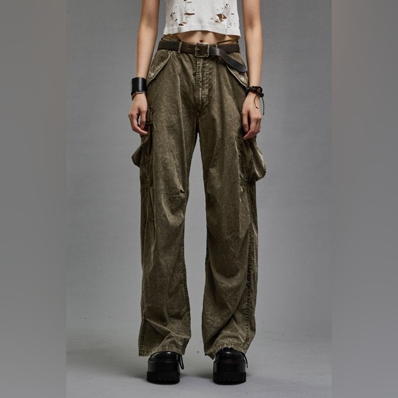 R13 Pants - NWOT R13 Wide Leg Cargo Pant Olive Garment Dyed Cotton Poplin